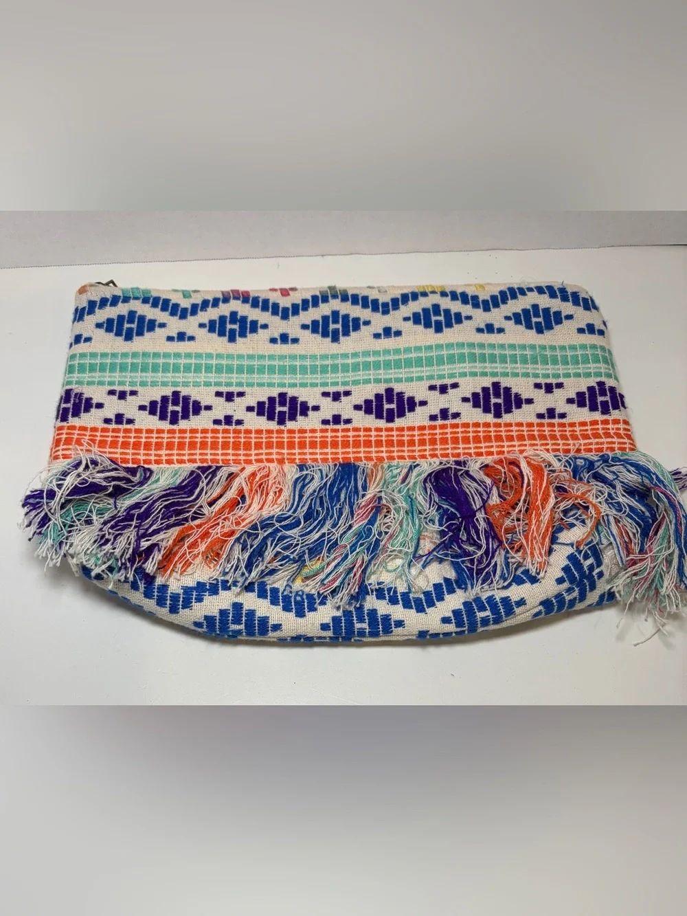 Fringe Embroidered Cotton Clutch in Blue, Orange & Teal